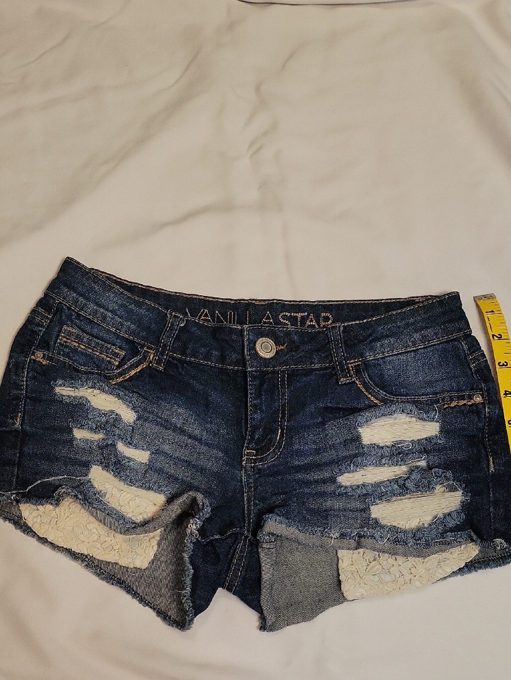 Vanilla Star Dark Blue Distressed Lace Pocket Denim Shorts